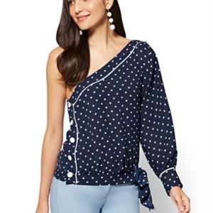 Polkadot off the shoulder 100% polyester with buttons on the side